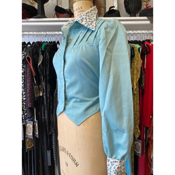 Vintage 1970s cropped aqua cotton jacket with puff shoulders floral trim small - Picture 5 of 8